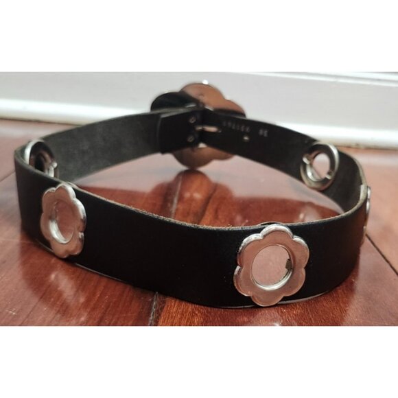 Croute De Cuir Leather Grommet Belt Flower Buckle Black Split Leather Sz 38 Y2K - Picture 7 of 13